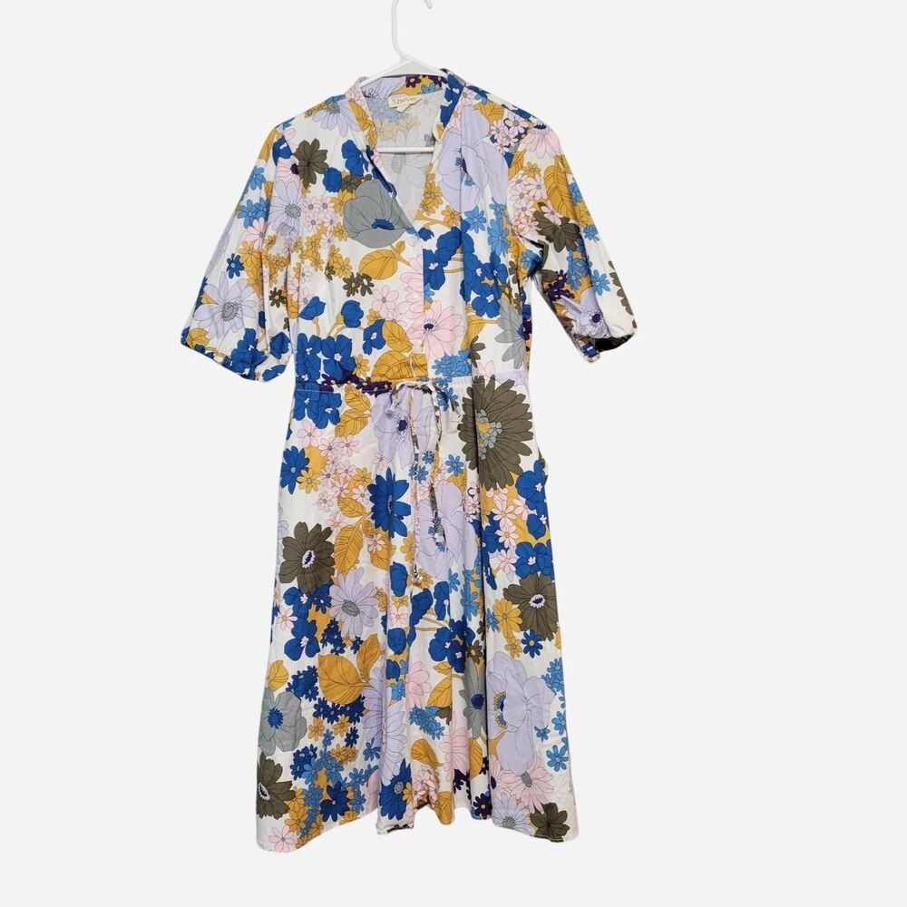 52Seven Retro Floral Print Puff Sleeve Midi Dress Size 10 Boho Indie